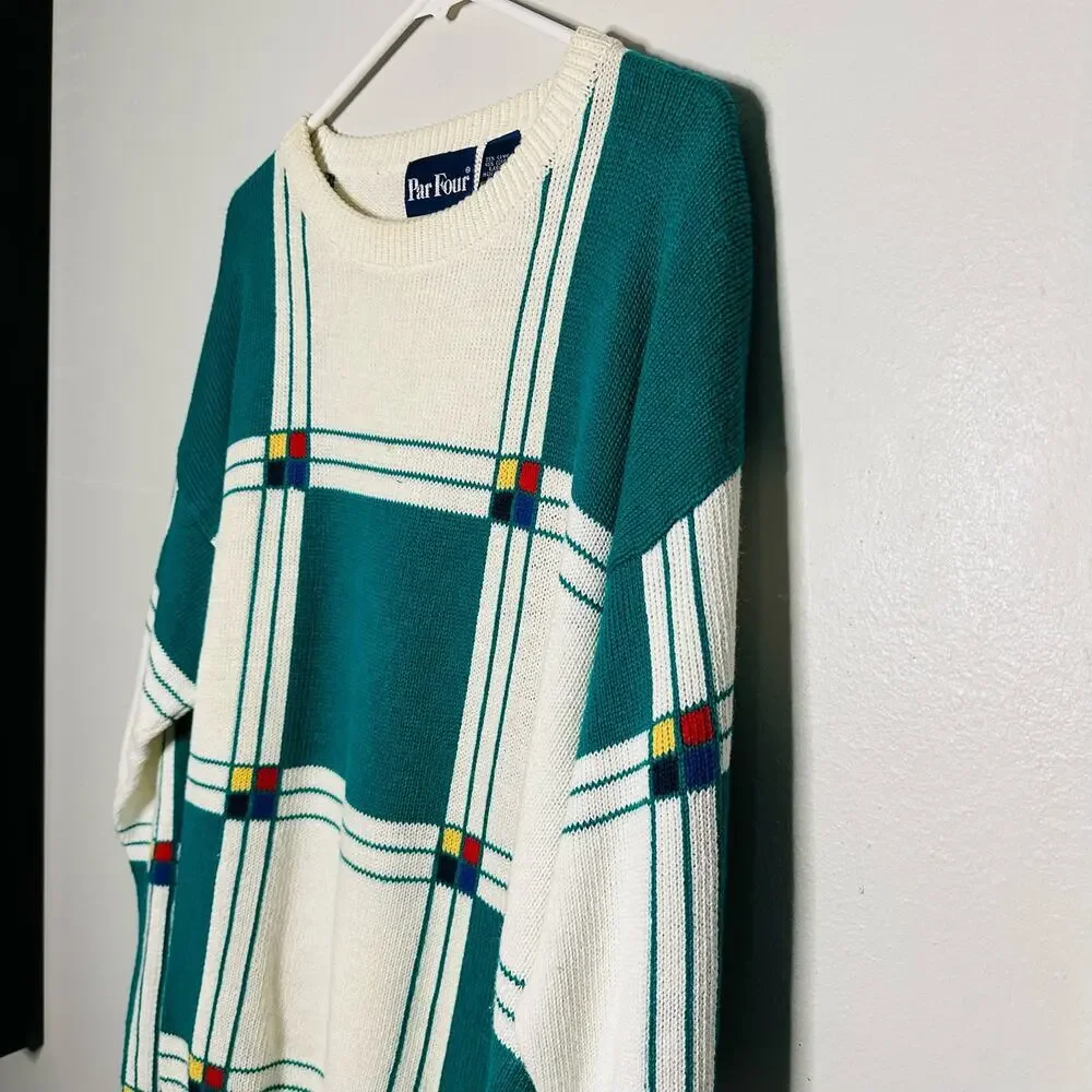 Vintage Par Four Green White Crewneck Oversized Sweater Golf Themed Size L
